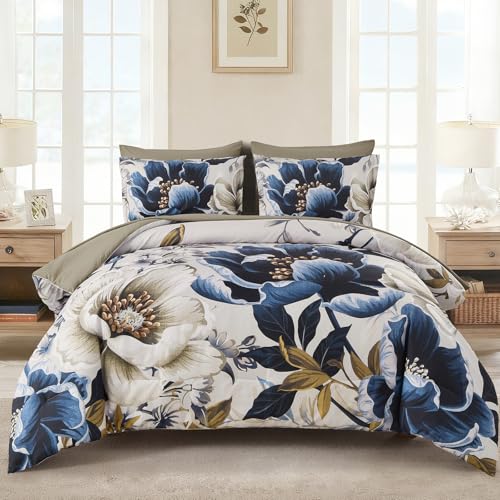 Dintszyayue Brown Comforter Set King Size, 7 Pieces Floral Bed in a Bag Set, Texture Blue Flower Bedding Sets, Soft Microfiber for All Season with Flat Sheet Fitted Sheets Pillowcases and Shams Dintszyayue