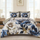 Dintszyayue Brown Comforter Set King Size, 7 Pieces Floral Bed in a Bag Set, Texture Blue Flower Bedding Sets, Soft Microfiber for All Season with Flat Sheet Fitted Sheets Pillowcases and Shams Dintszyayue