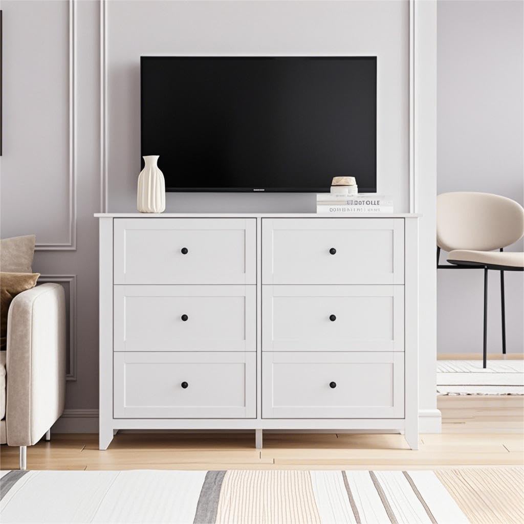 GarveeHome White Dresser for Bedroom, 6 Chest of Drawer Dresser for 48 inch TV, Modern Wood Organizer TV Stand for Living Room, Closet Storage, Entryway, Hallway GarveeHome