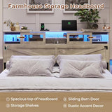 Hasuit Rustic Oak Queen Bed Frame with Bookcase Headboard, LED Lights, Charging Station & 2 Drawers Hasuit