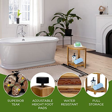 EcoDecors SnazzyCorner 17-Inch Teak Corner Shower Stool with Adjustable Feet and Shelf EcoDecors