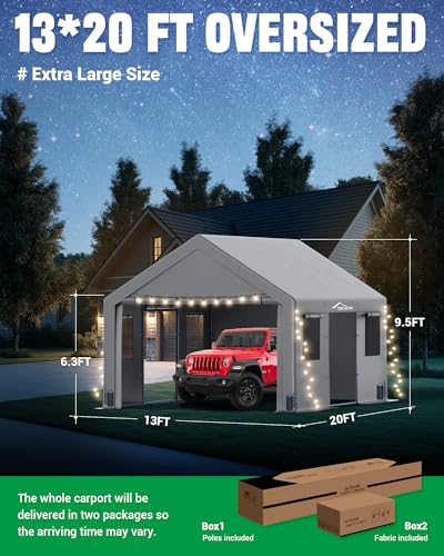 Acepic Upgraded 13x20ft Heavy Duty Carport, Portable Carport Features Roll-up Windows & Doors, UV Resistant Waterproof All-Season Tarp for Car, Truck, Boat Acepic