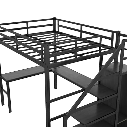 Full Size Black Loft Bed with Desk, Storage Stairs, Wardrobe, USB Charging Station, RGB LED Lights - WoodArtSupply