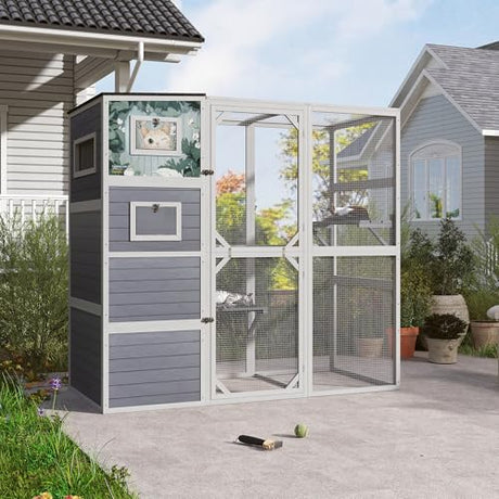COZIWOW Large Wood Cat Catio, Outdoor Enclosure with Weatherproof Roof, 2 Resting Rooms, 2 Platforms, 4-Tier Cat Playpen (Grey with Pattern) COZIWOW