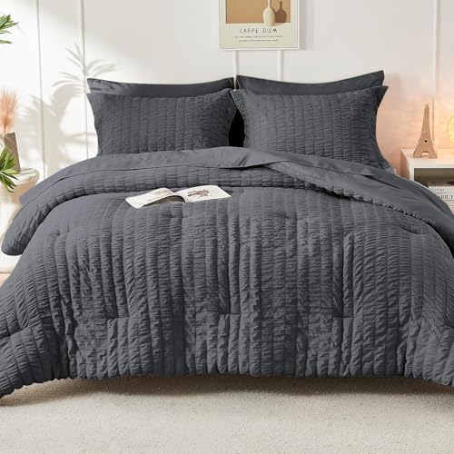 HYMOKEGE Full Size Comforter Sets Seersucker 7 Pieces, All Season Luxury Bed in a Bag for Bedroom, Bedding Set with Comforters, Sheets, Pillowcases & Shams, Dark Grey HYMOKEGE