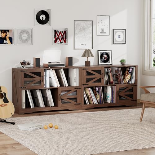 VAXZOFI Large Record Player Stand with Vinyl Storage, 500+ Vinyl Record Storage Cabinet, 47 Inch Record Player Table with Power Outlet, Farmhouse Wooden Turntable Stand for Living Room, Walnut VAXZOFI
