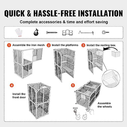 VEVOR 3-Tier Cat Playpen Catio with Wheels, Resting Box, Waterproof Roof, Windows & Doors, Removable Tray