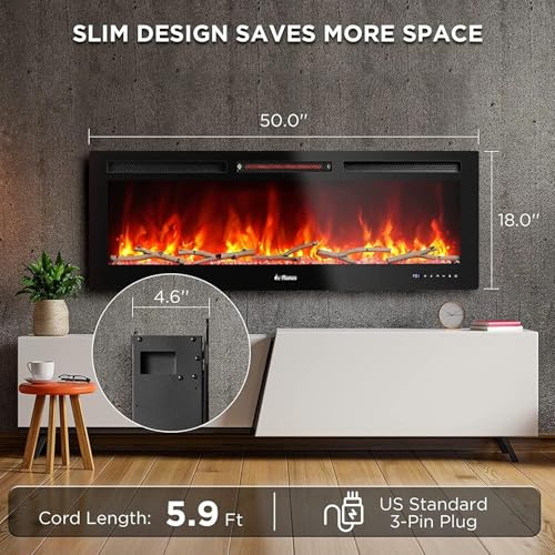 50" TV Stand with Fireplace, Fireplace TV Stand, Entertainment Center with Fireplace, Wall Mounted Electric Fireplace Heater, Voice/WiFi/Remote Control, Adjustable Multicolor Flame, Quiet, Modern GAOMON