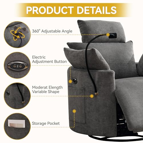 Power Recliner Chairs, 360° Swivel Rocking Chair Nursery with USB/Type-C & Phone Holder, Gilder Reclining Chair with Side Pocket for Adults, Barrel Recliners for Living Room, Chenille Dark Grey