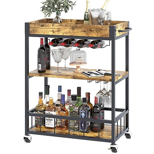 Azheruol Bar Cart Serving Wine 3 Tier Home Rolling Rack with Wheels Mobile Kitchen Industrial Vintage Style Wood Metal Serving Trolley Serving Cart,Glass Holder Bar Cabinet