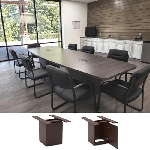 Gray Laminate Finish 12ft Conference Table Wood Boat Shaped Square Storage Cube Legs Doors Grommets Desk Base Meeting Room Racetrack Furniture Office Business Modern New 142''L x 47-32''W x 29''H WoodArtSupply