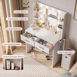 JUMMICO Makeup Vanity Desk with Mirror and Lights Power Outlet, Vanity Table Makeup Desk 2 Drawers, 6 Storage Shelves Hairdryer Holder & Bench Dressing Table for Bedroom (White, No Bench) JUMMICO