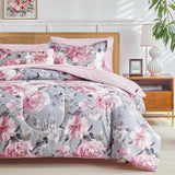 Joyreap 3pcs Floral Comforter Set Full/Queen, Tie-dye Pink Flowers on Gray Design, Microfiber Lightweight Bedding Comforter Set for All Season- 88x88 inches Joyreap