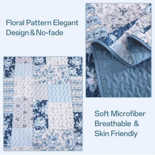 Anibedding Blue Patchwork Quilt Set King Size Boho Floral Plaid Bedspread Coverlet Set, Farmhouse Soft Microfiber Bedding Set, Blue Summer Bed Cover with 2 Pillowcases for All Season Anibedding