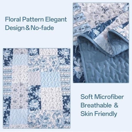 Anibedding Blue Patchwork Quilt Set King Size Boho Floral Plaid Bedspread Coverlet Set, Farmhouse Soft Microfiber Bedding Set, Blue Summer Bed Cover with 2 Pillowcases for All Season Anibedding