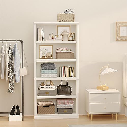 5-Shelf Tall Bookcase in White – Spacious Wooden Bookshelves for Home Office, Living Room, and Bedroom - WoodArtSupply