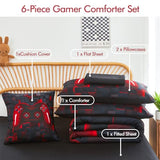 PERFEMET 6-Piece Boys Comforter Set Full Size Game Console Bedding Set for Kids Teen 3D Black and Red Gamepad Gaming Bed in a Bag Matching Sheet Set(Red, Full) PERFEMET
