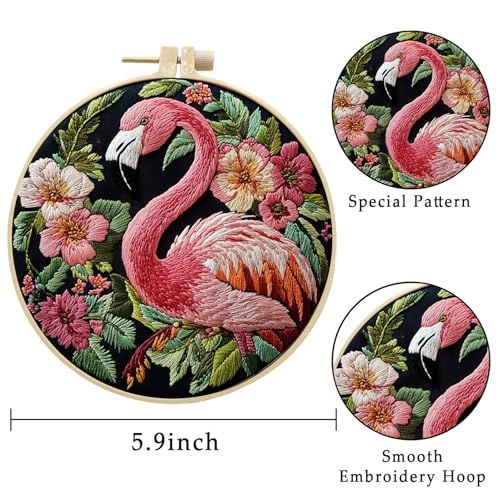 LB 4 Pack Pink Flamingo Embroidery Kit for Beginners Green Leaf Plant Beginner Embroidery Kit for Adults DIY Starter Kit with Embroidery Hoop Colorful Threads Tools Step by Step Instructions