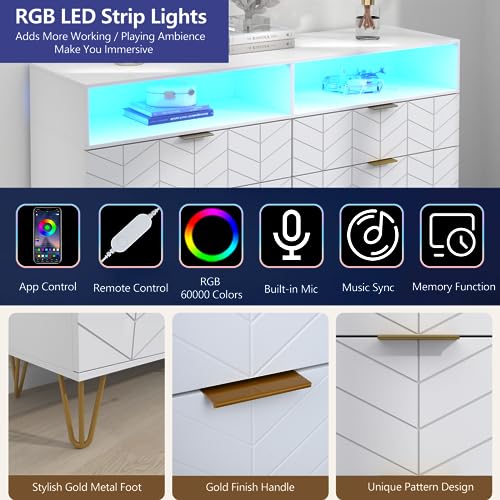 Loomie 6 Drawers Double Dresser with Power Outlet & LED Light,White Long Dresser Chests of Drawers with Storage Cubby,Wood Wide TV Dresser Stand for up to 55" for Bedroom,Hallway,Entryway Loomie