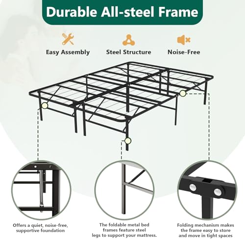 FurniEdge Full Size Folding Bed Frame, Heavy Duty Full Metal Platform with 14" Underbed Storage, Easy Tool-Free Assembly, No Box Spring Needed FurniEdge