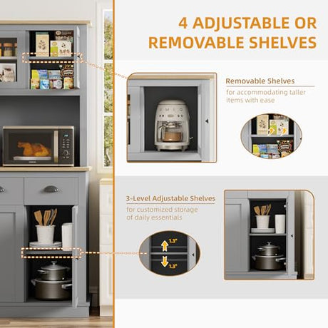 Buytime 71" Kitchen Hutch with Charging Station, Tall Pantry Storage Cabinet with Microwave Stand, Adjustable Shelves, Slide Drawers, Large Buffet Pantry Cabinet for Kitchen, Dining Room, Grey Buytime