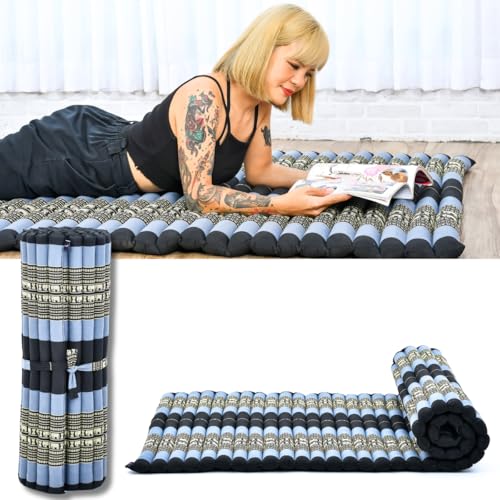 Leewadee - Foldable Floor Mattress - Japanese Roll Up Futon -Trifold Tatami Mat- Guest Floor Bed - Camping Mattress - Thai Massage Mat, Kapok Filled, 75 x 39 inches, Blue Leewadee