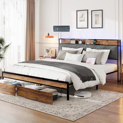 King Size Metal Platform Bed Frame with 2 Storage Drawers, LED Light, Velvet Headboard with USB Port - Heavy Duty, Brown Wooden Panel, No Box Spring Needed - King Bed Frame with Storage (Brown, King) LUBEDCY