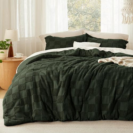 Bedsure Full Size Comforter Set Dark Olive Green, Boho Tufted Bed Set, Checkered Farmhouse Shabby Chic Bedding, 3 Pieces, 1 Plaid Geometric Comforter and 2 Pillow Shams Bedsure