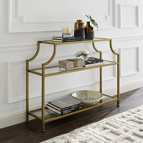 Crosley Furniture Aimee Sofa Console Table with Storage Shelves for Hall, Entryway, or Living Room, Gold and Glass Crosley Furniture