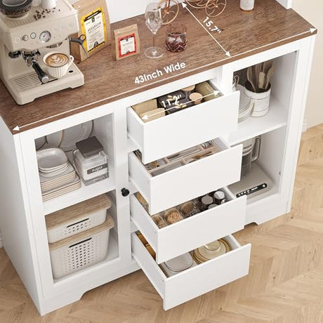 HIFIT 71" Tall Kitchen Pantry Cabinet, Kitchen Hutch Coffee Bar with 4 Drawers & 5 Metal Hooks & 4 Doors & Microwave Stand, Hutch Cabinet for Living Room, Dining Room, White Pantry HIFIT