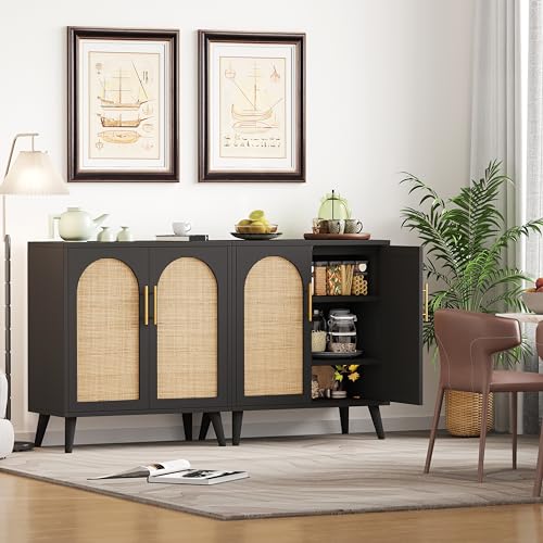 Rovaurx Set of 2 Rattan Storage Cabinet with Doors, Accent Bathroom Floor Cabinet, Modern Sideboard Buffet Cabinet for Living Room, Entryway, Dining Room and Kitchen, Black and Natural BMGZ10 - WoodArtSupply