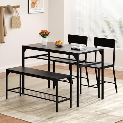 Shintenchi Kitchen Table Chairs Set of 4, Dining Table Set for 4 with Bench and Chairs, 4 Pieces Kitchen Table Set with Storage Rack & Metal Frame for Small Space, Black Shintenchi