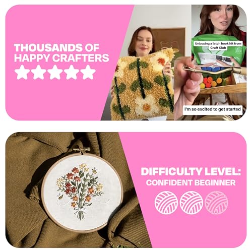 CRAFT CLUB Buzzing Bouquet Embroidery Kit | DIY Cross Stitch Craft Kit with Bamboo Hoop & Embroidery Thread Packs | Complete Arts & Crafts Supplies Gift Set for Beginners | Home & Room Décor Art Kit