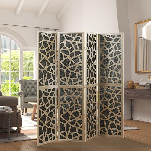 Roundhill Furniture Aurra 4-Panel Wood Room Divider, Folding Portable Partition Screen, Gold Roundhill Furniture