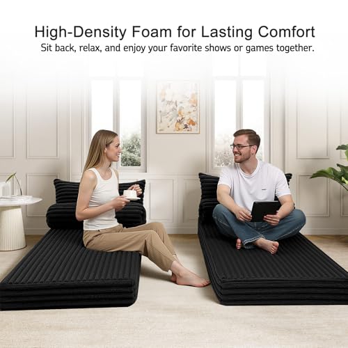 MeMoreCool Convertible Sofa Bed, Folding Floor Couch Bed Queen, Pull Out Sleeper Couch with Pillows, Fold Out Futon Sofa for Bedroom Living Room Small Space, Corduroy Black MeMoreCool