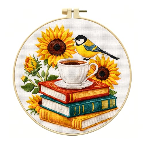Zhenqing Sunflower Bird & Books Cross Stitch Kit with 11CT Printed Fabric 24x24cm - Includes Hoop, Pre-Sorted Threads, Needles, Instructions