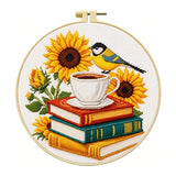 Zhenqing Sunflower Bird & Books Cross Stitch Kit with 11CT Printed Fabric 24x24cm - Includes Hoop, Pre-Sorted Threads, Needles, Instructions