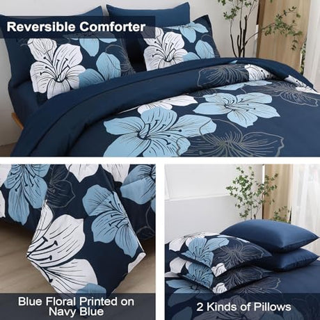 Luxudecor Navy Blue Comforter Set Queen Size, 7 Pieces Bed in a Bag Navy Blue Floral Comforter and Sheet Set, Soft Microfiber Complete Bedding Sets for All Seasons Luxudecor