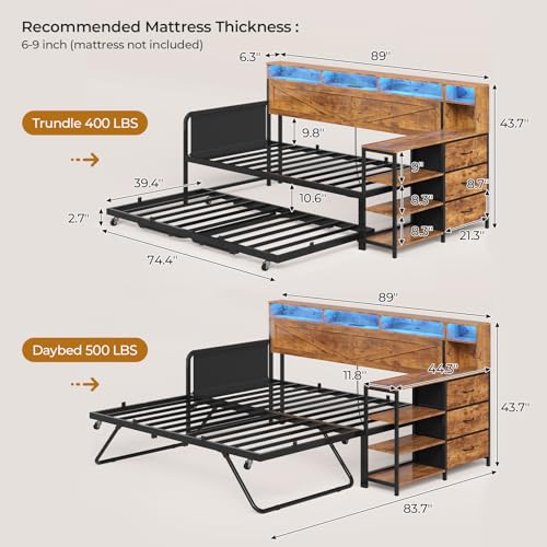 MSmask Daybed with Trundle, Twin Day Bed with 3 Storage Drawers and Shelves, Farmhouse Wooden Daybed Frame with Charging Station and LED Lights for Bedroom, Rustic Brown MSmask