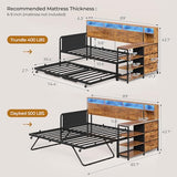 MSmask Daybed with Trundle, Twin Day Bed with 3 Storage Drawers and Shelves, Farmhouse Wooden Daybed Frame with Charging Station and LED Lights for Bedroom, Rustic Brown MSmask