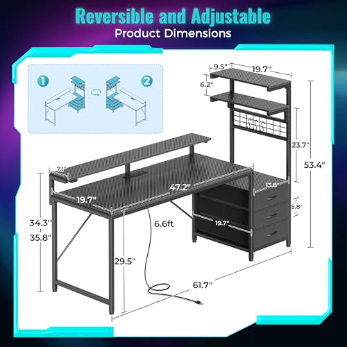 PRAISUN 61.7" Gaming Desk with LED Lights & Outlets, Computer Desk with 3 Fabric Drawers, PC Desk with PC Case Stand & Movable Storage Shelves, Monitor Stand, Reversible, Carbon Fiber Black PRAISUN
