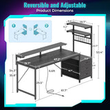 PRAISUN 61.7" Gaming Desk with LED Lights & Outlets, Computer Desk with 3 Fabric Drawers, PC Desk with PC Case Stand & Movable Storage Shelves, Monitor Stand, Reversible, Carbon Fiber Black PRAISUN