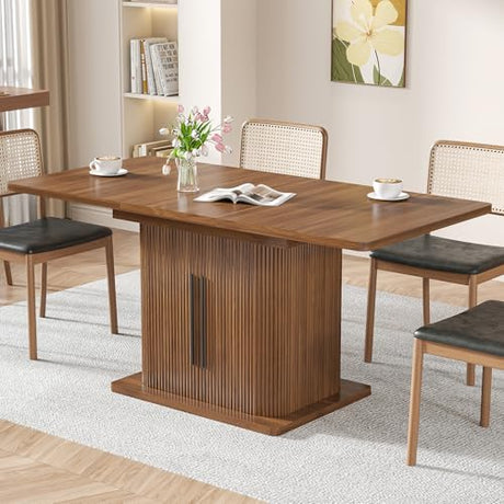 Extendable Dining Room Table for 4-6, 47-65 Inch Rectangle Kitchen Dining Table with Large Storage, Fluted Sliding Door, Expandable Mid Century Modern Dinner Furniture, Living Room, Walnut, Brown Woemtoric