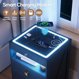 MDGC Smart Nightstand with Lockable Gun Drawer,Farmhouse Bedside Table with Charging Station and 3 LED Lights, Modern Night Stand with 3 Drawers,Glass Top End Side Table for Bedroom（Black） MDGC