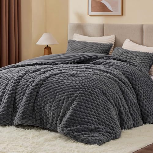 BEDELITE Fluffy King Size Comforter Set - Grey Fleece Soft Comforter for King Size Bed, Luxury Warm Bedding Set for Winter, Fuzzy Bed Set 3 Pieces (1 Comforter, 2 Pillowcases) BEDELITE
