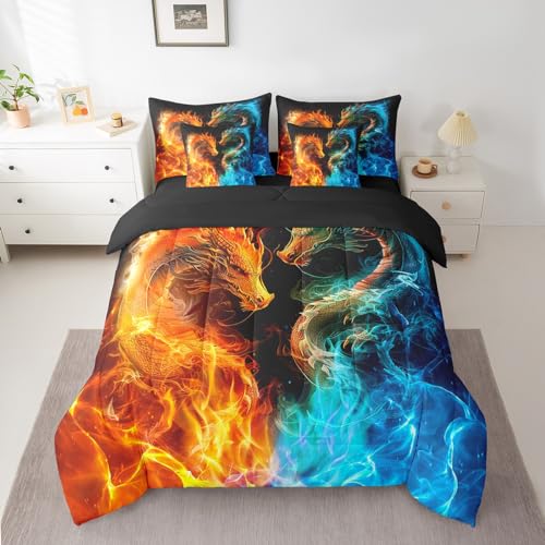 Feelyou Dragon Bedding Set 7 Piece Fire and Ice Dragon Couple King Comforter Set with Sheets for Kids Boys Girls Decor Wild Animal Bed in a Bag Safari Theme Bed Set Feelyou