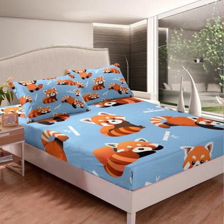 Feelyou Red Panda Fitted Sheet Cute Animal Pattern Bed Sheet Set Kawaii Anime Bedding Kids Toddler Twin Size (No Flat Sheet) Feelyou