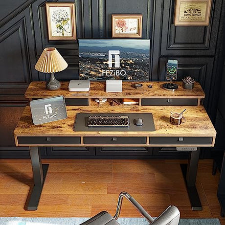 FEZIBO Height Adjustable Electric Standing Desk with 5 Drawers, 55 x 24 Inch Table with Storage Shelf, Sit Stand Desk Black Frame/Rustic Brown Top, FEZIBO