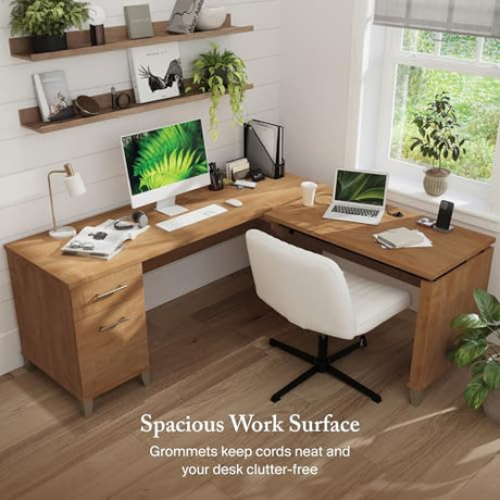 Bush Furniture Somerset 72W 3 Position Sit to Stand Adjustable Standing L Shaped Desk in Maple Cross, Ergonomic Corner Computer Office Table Bush Home