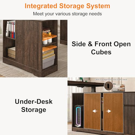 63" L-Shaped Electric Standing Desk, Executive Standing Desk with File Cabinet, Height Adjustable Sit Stand Desk with Storage Shelves & Drawers, Corner Computer Desk with Power Outlet, Brown Squireewo
